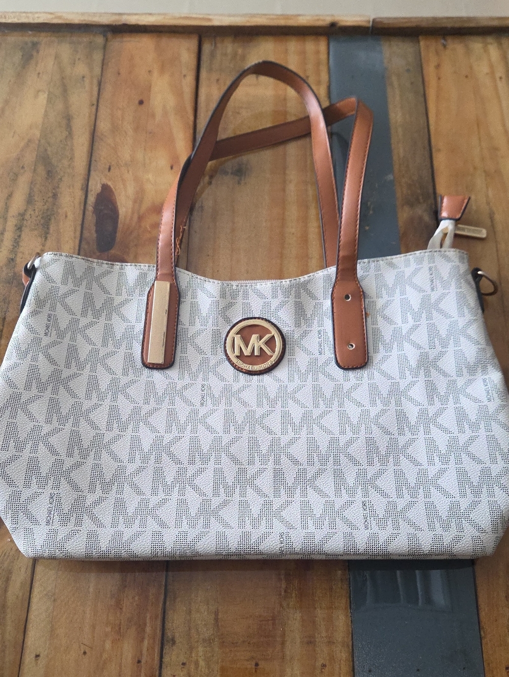 Michael Kors Cream Signature MK Tote with Tan Trim and Gold Logo